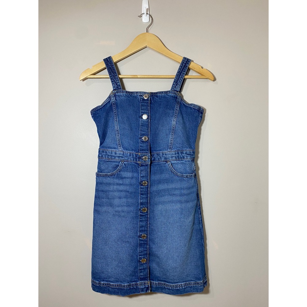 GAP Kids Denim Button Front Dress‎ XL Blue Jean Sleeveless Bibbed Pinafore Dress